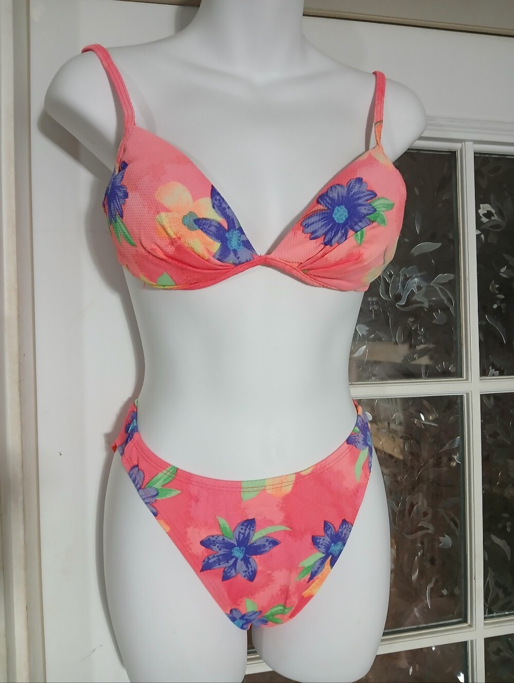 1980s Vintage STUDIO tropical high-cut 2 piece bikini  TEXTURED Medium Neon Sli